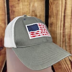Columbia PFG Hat L/XL Gray White American Flag Patch Fish FlexFit Mesh Ball Cap
